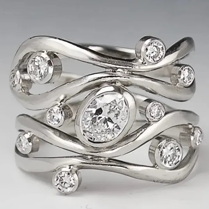 Brass Geometric Hollow-Out Band Ring with Cubic Zirconia for Women