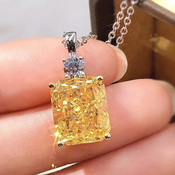 Yellow Square Cubic Zirconia Pendant Necklace Brass Engagement Gift