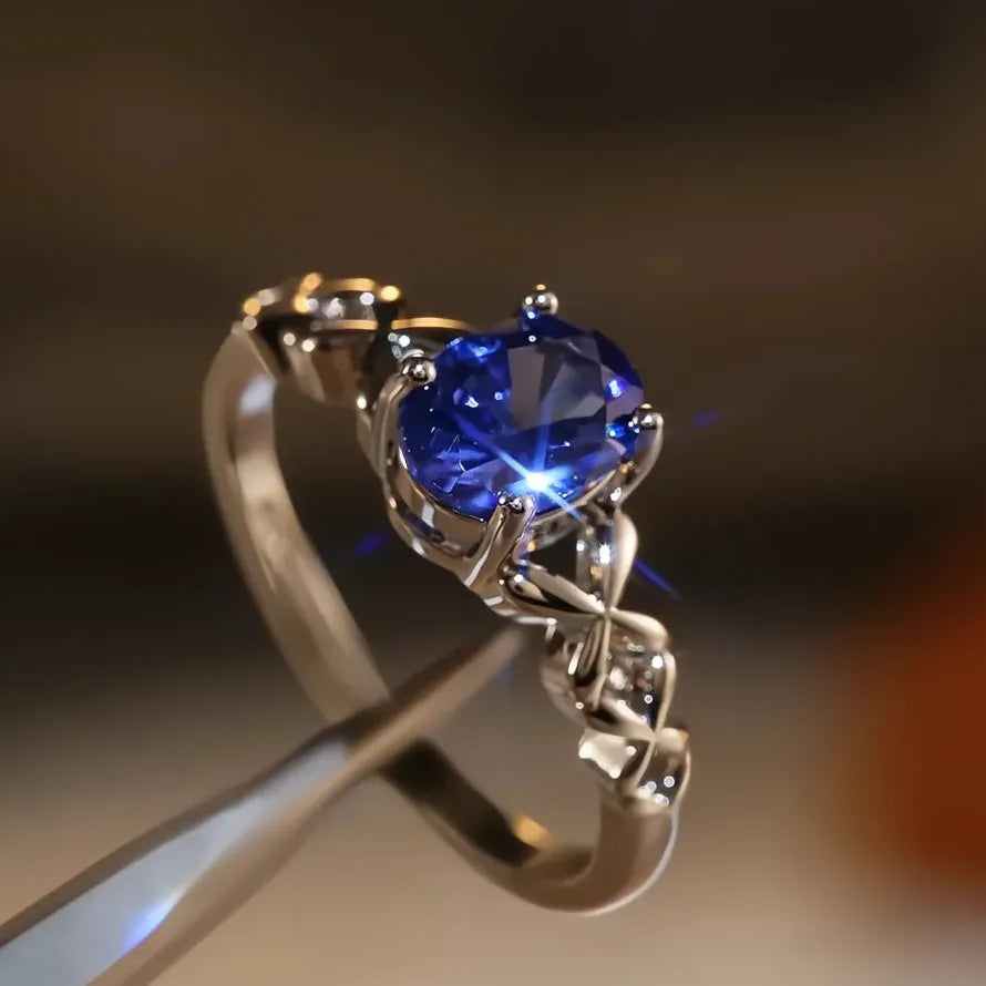Blue Oval CZ Brass Ring with Cross Twine Design for Women Wedding Band