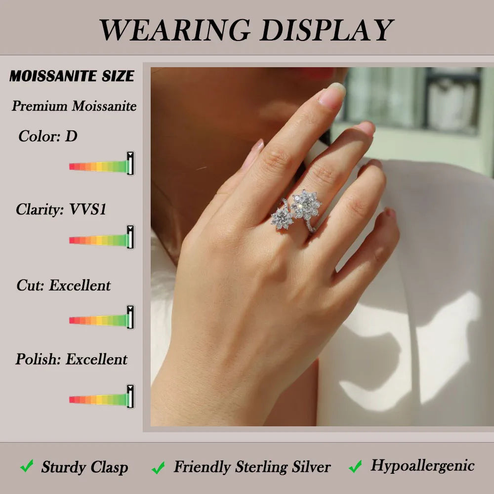 925 Sterling Silver Gold Plated Moissanite Double Flower Ring Anniversary Gift