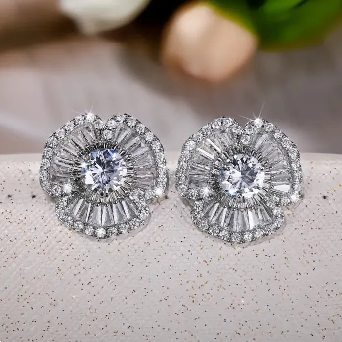 Geometric Cubic Zirconia Petal Stud Earrings Bling Wedding Jewelry
