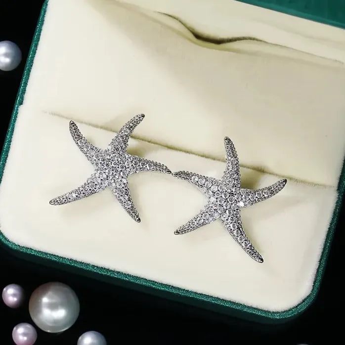Starfish Geometric Brass Stud Earrings with Cubic Zirconia for Women