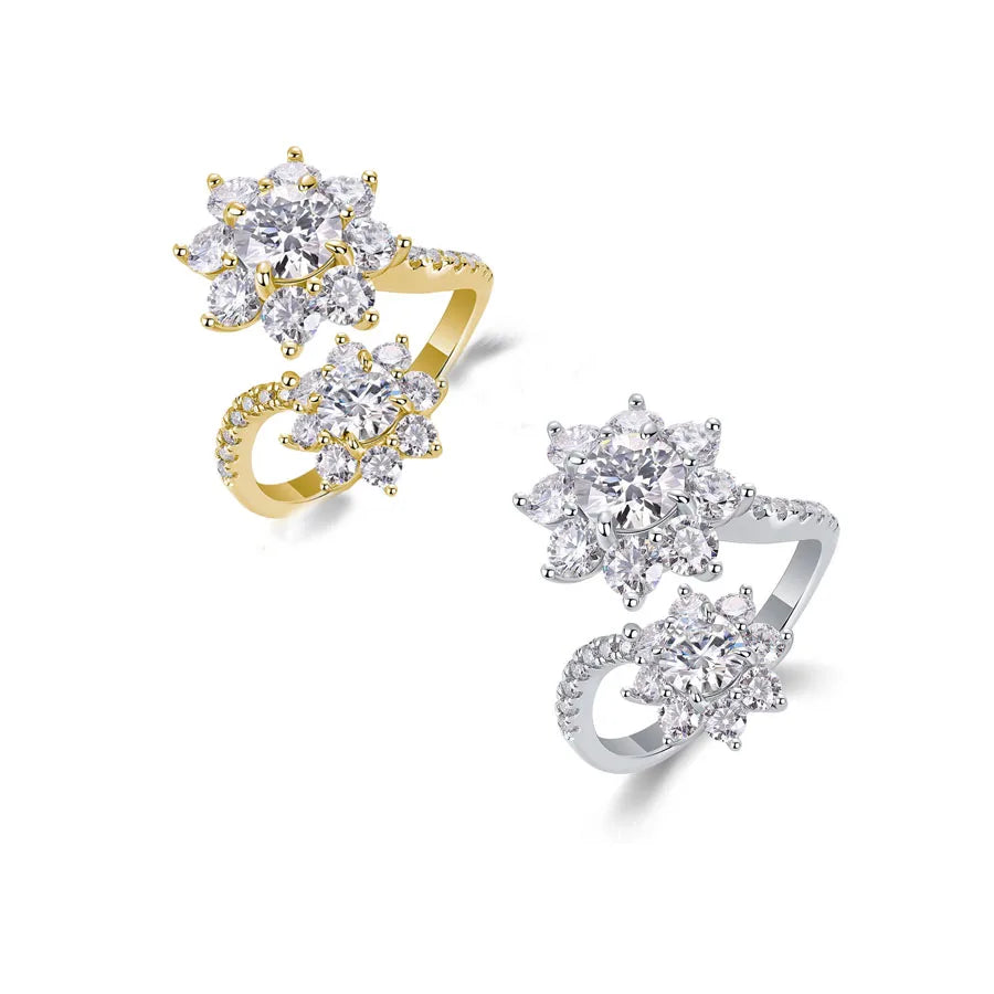 925 Sterling Silver Gold Plated Moissanite Double Flower Ring Anniversary Gift