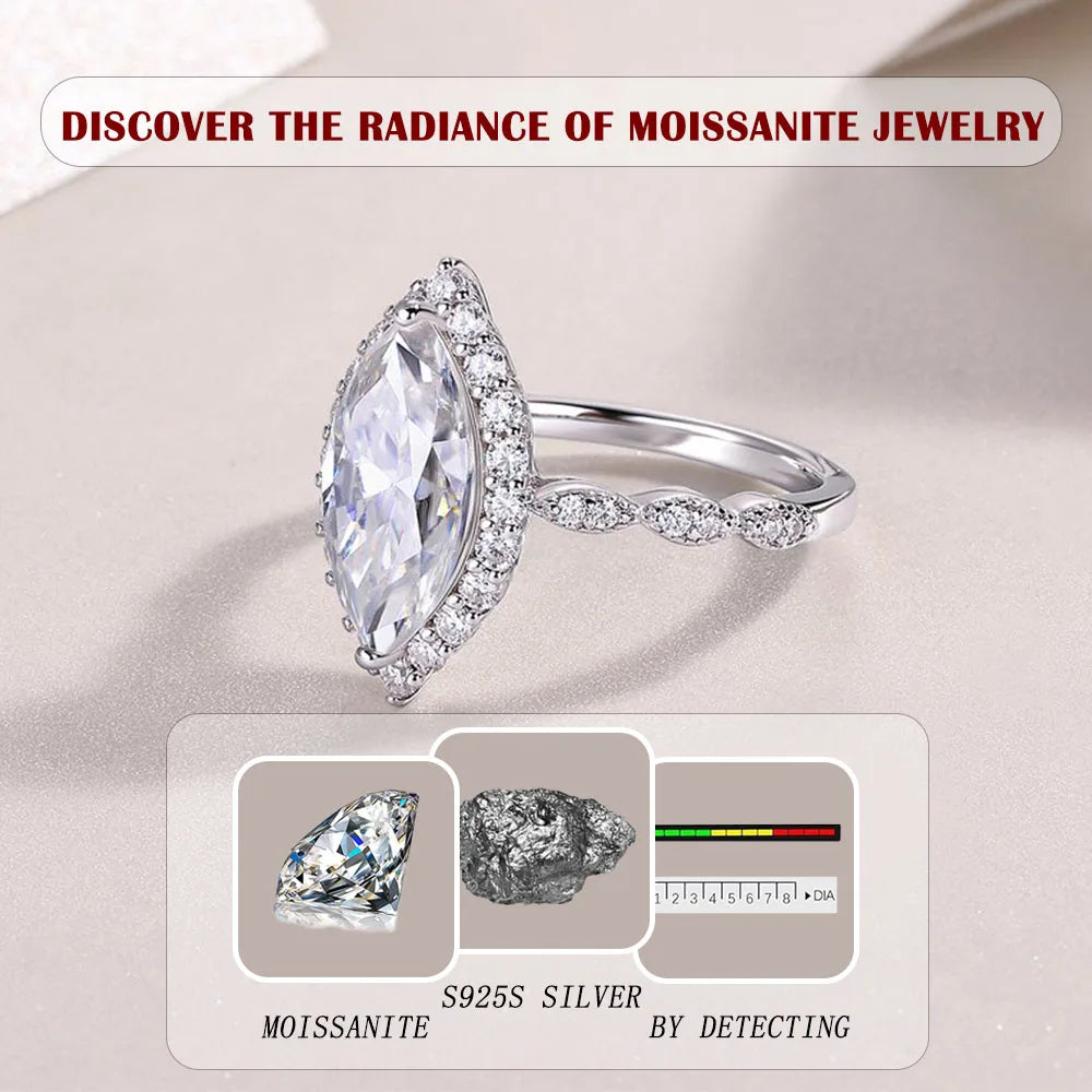 Marquise Cut Moissanite Ring Women D Color VVS1 S925 Silver Gold Plated Jewelry