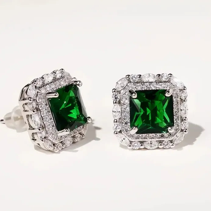 Vintage Green Geometric CZ Stud Earrings Luxury Party Gift for Women