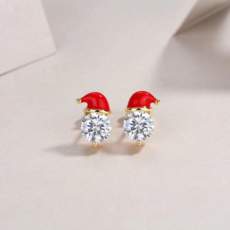 925 Sterling Silver Santa Hat Stud Earrings 18K Gold Plated 6.5mm Moissanite Jewelry for Women