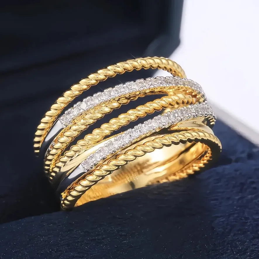 Gold Brass Women’s Twist Cross Ring with Micro Cubic Zirconia Wedding Jewelry