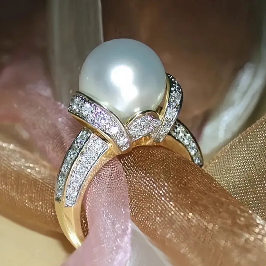 Elegant Gold Imitation Pearl Wedding Ring with Shiny CZ Cubic Zirconia for Women