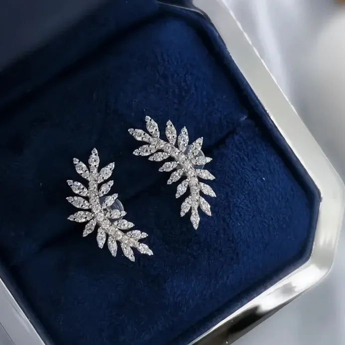 Silver Leaf Geometric Stud Earrings with White CZ Stone for Women