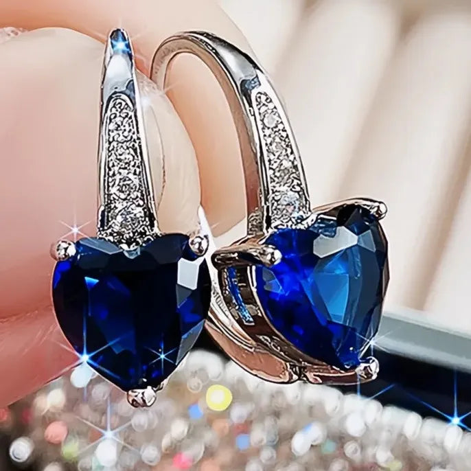 Blue Cubic Zirconia Heart Drop Earrings for Women Simple Elegant Wedding Jewelry Gift