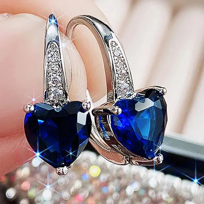 Silver Color Blue CZ Heart Earrings for Women Wedding Fashion Jewelry Gift