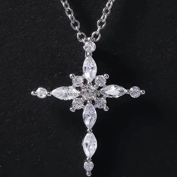 Geometric Crystal Zircon Cross Pendant Necklace for Women Jewelry