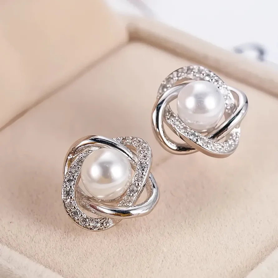 Geometric White Imitation Pearl Stud Earrings for Women Bridal Jewelry