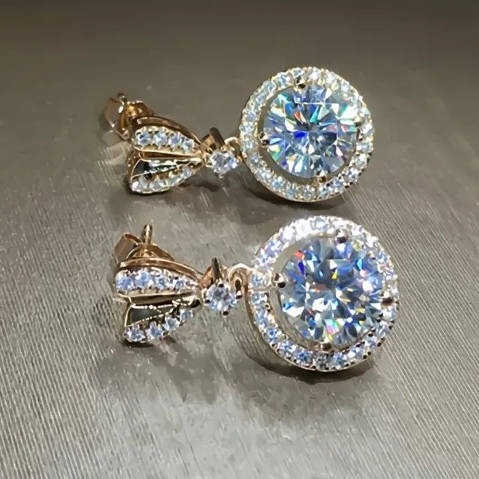 Gold Heart Copper Alloy Stud Earrings with Large Round CZ Pendant for Women