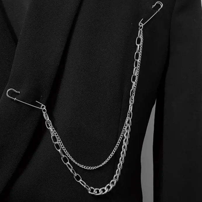 Geometric Zinc Alloy Brooch Double Pin Chain Clip for Men and Women