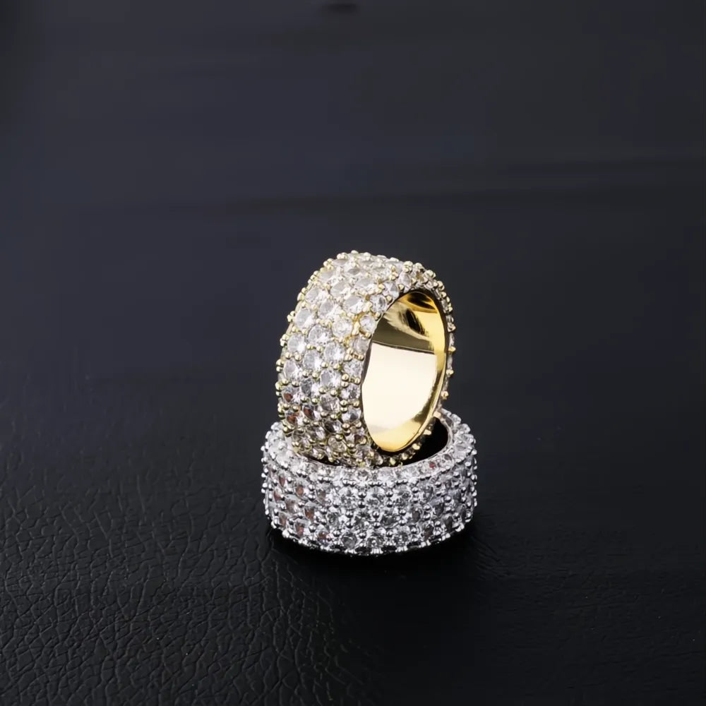 5 Row Iced Out CZ Bling Ring – Gold Silver Color Hip Hop Ring for Men