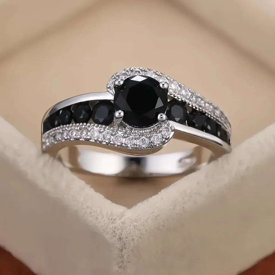 Black Stone Women Wedding Ring Dazzling Crystal Zircon Brass Delicate Classic Jewelry Gift