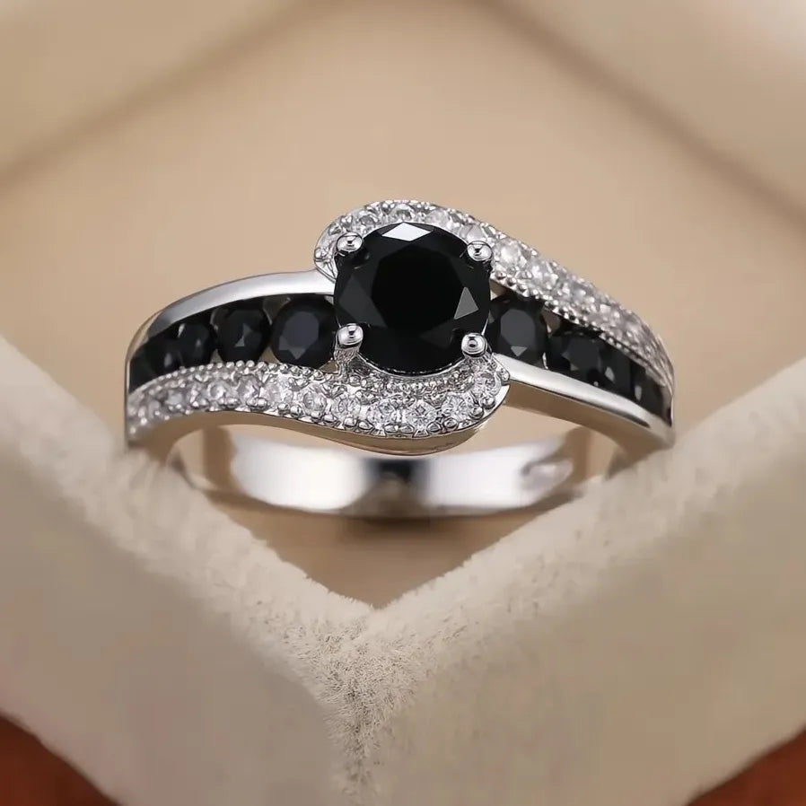 Classic Black Stone Women’s Wedding Ring Crystal Zircon Brass Gift