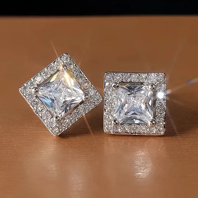 Vintage Princess Cut Cubic Zirconia Stud Earrings Silver Tone Geometric Women Jewelry
