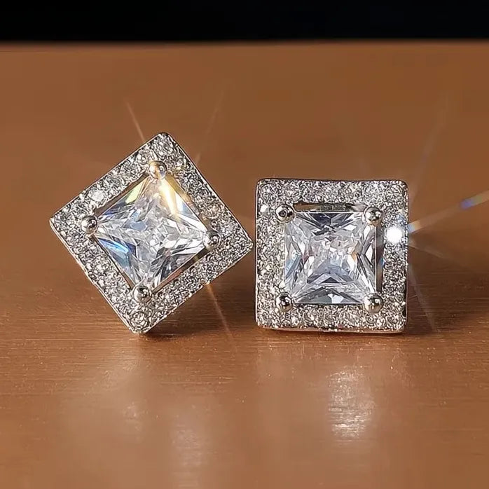 Vintage Geometric Princess Cut CZ Stud Earrings Silver Copper Alloy Women