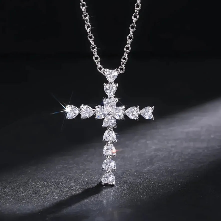 Copper Alloy Crystal Heart Cross Pendant Necklace with CZ for Women Gift