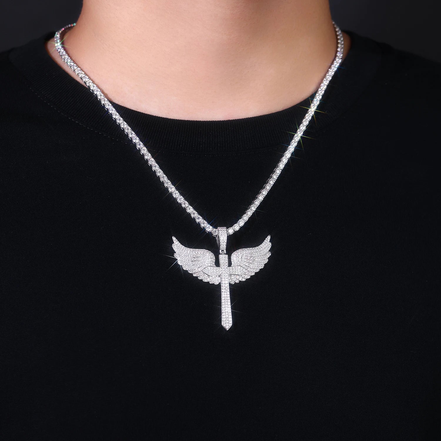 Halloween Gothic Cross Angel Wings Necklace 925 Silver Moissanite Pendant Jewelry
