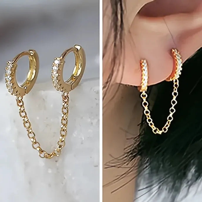One PCS Two Hole Hoop Earrings for Women Cubic Zirconia Crystal Copper Chain Jewelry