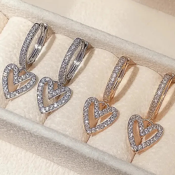 Heart Dangle Earrings with Shiny CZ Stone Korean Fashion Jewelry for Women