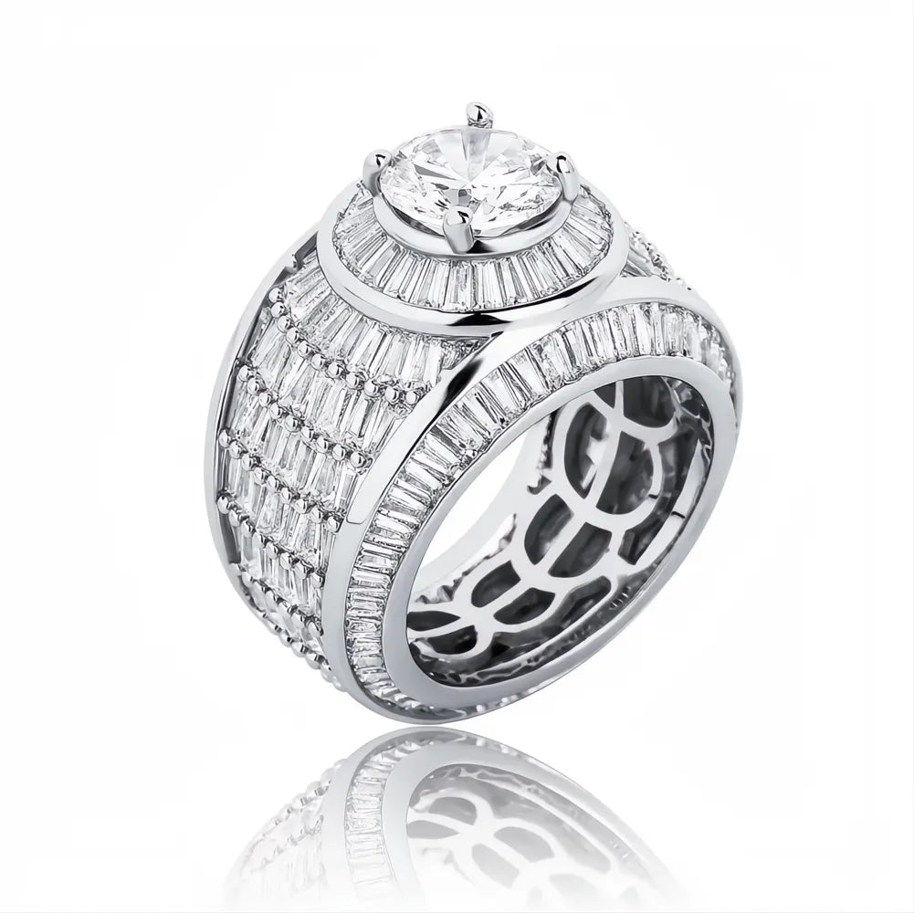 White Gold Color Baguette CZ Ring | Fully Iced Out Hip Hop Rap Bling Jewelry