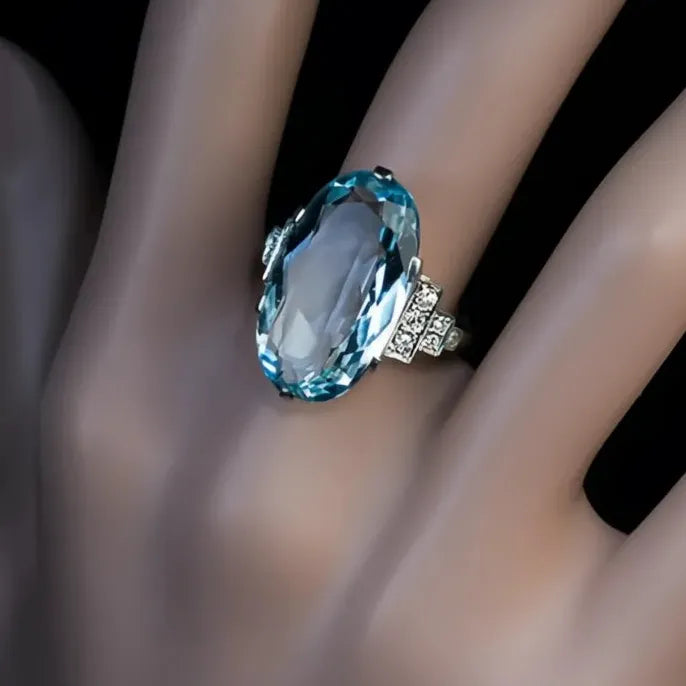 Female Light Sky Blue Wedding Ring Oval CZ Stone Solitaire Band Luxury Jewelry Party Gift