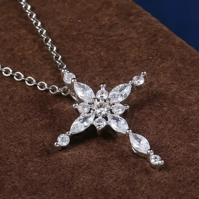 Geometric Crystal Zircon Cross Pendant Necklace for Women Jewelry
