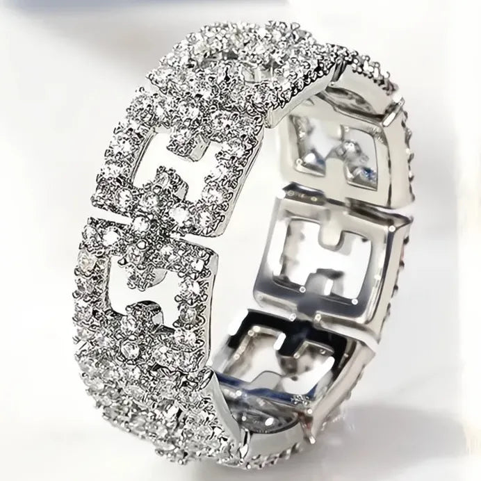 Women’s Geometric Wedding Band Ring Full Paved Shiny CZ Promise Jewelry