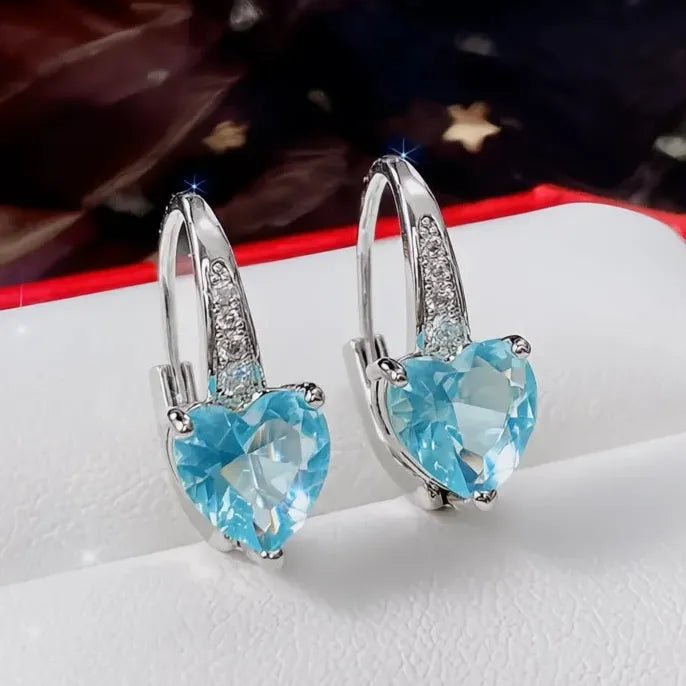 Blue Cubic Zirconia Heart Drop Earrings for Women Simple Elegant Wedding Jewelry Gift