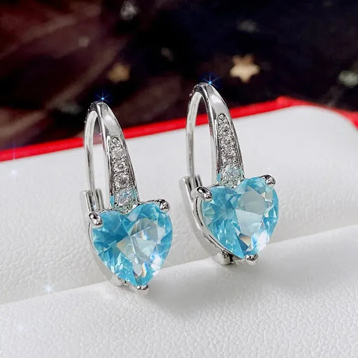 Silver Color Blue CZ Heart Earrings for Women Wedding Fashion Jewelry Gift