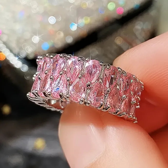 2021 Trendy Women's Silver Wedding Band Blue Green Pink CZ Geometric Ring