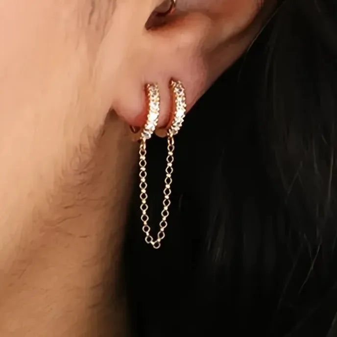 One PCS Two Hole Hoop Earrings for Women Cubic Zirconia Crystal Copper Chain Jewelry