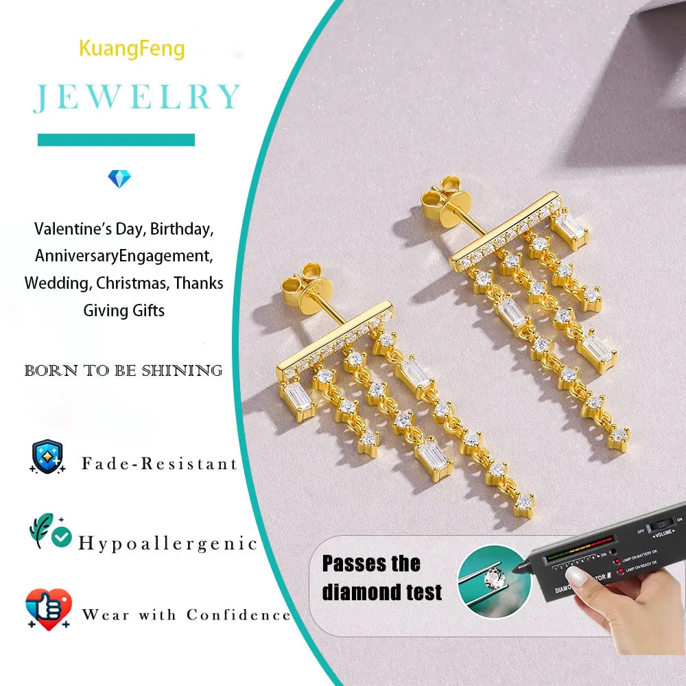 1.302CTW Moissanite Tassel Stud Earrings 925 Sterling Silver 18K Gold Plated Jewelry