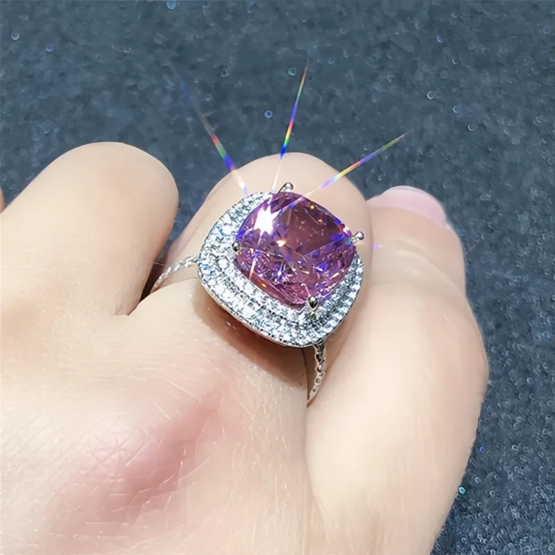 Personality Big Pink Cubic Zirconia Wedding Ring for Women Bridal Marriage Party Jewelry