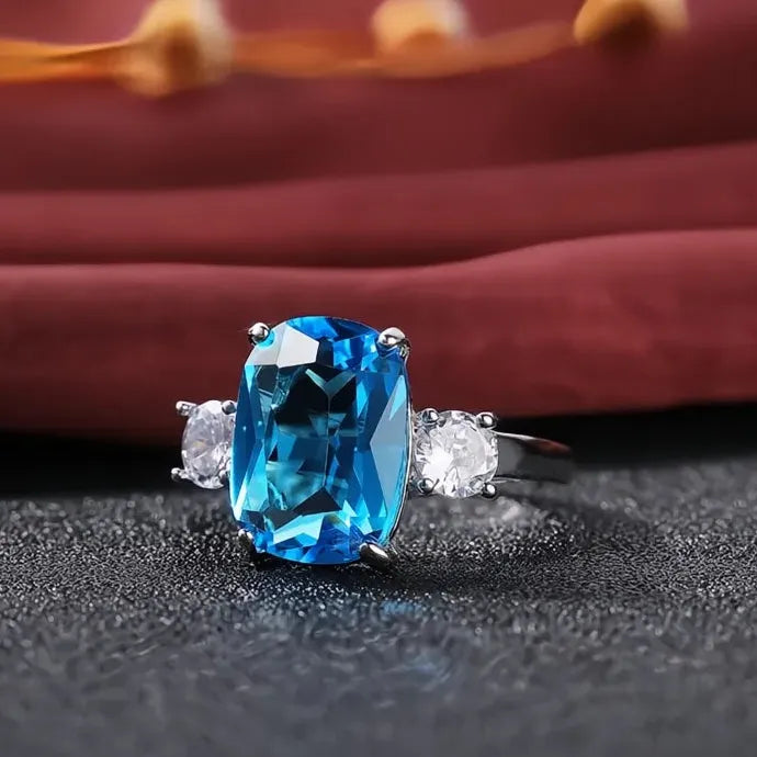 Bright Sky Blue Cubic Zirconia Geometric Brass Women’s Luxury Party Ring