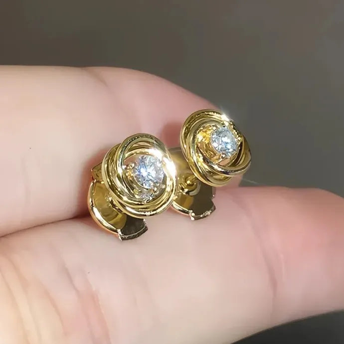 Gold Spiral Copper Alloy Stud Earrings with Single CZ Cubic Zirconia Stone