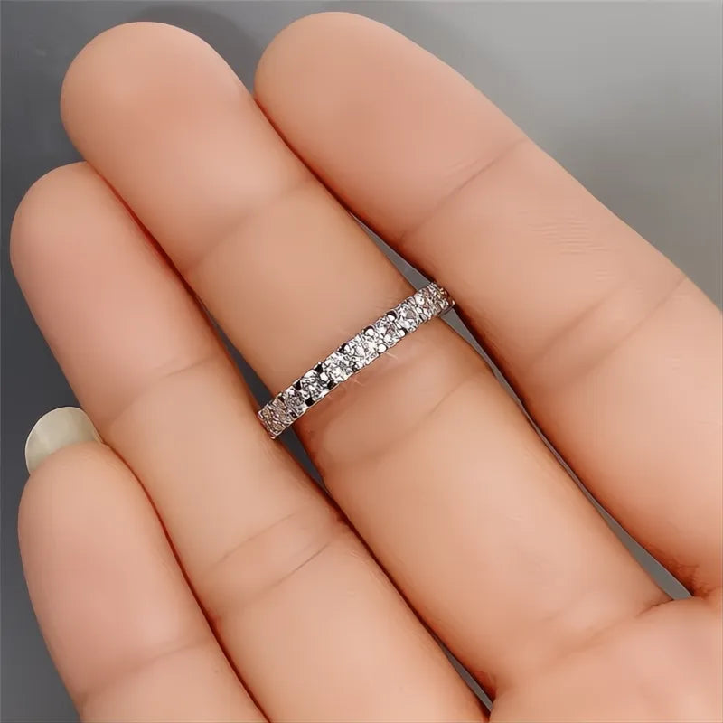 Trendy Thin Silver Color Band Ring with Shiny Cubic Zirconia for Women Daily Wear