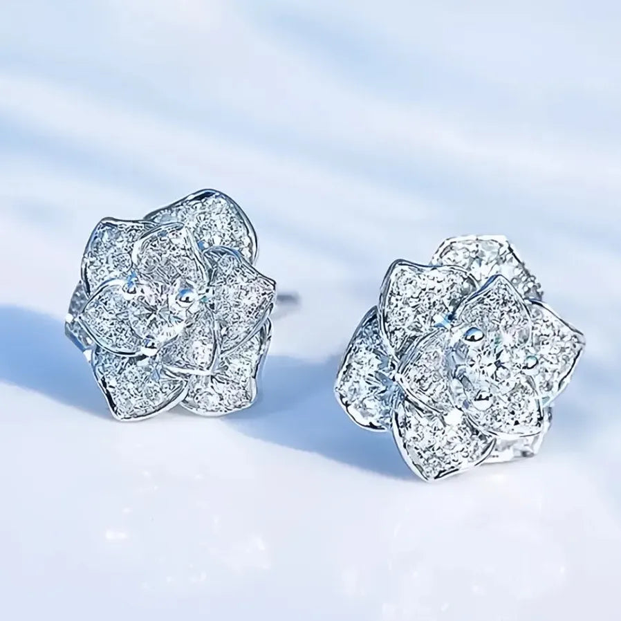 Geometric Cubic Zirconia Flower Stud Earrings for Women Silver Gift