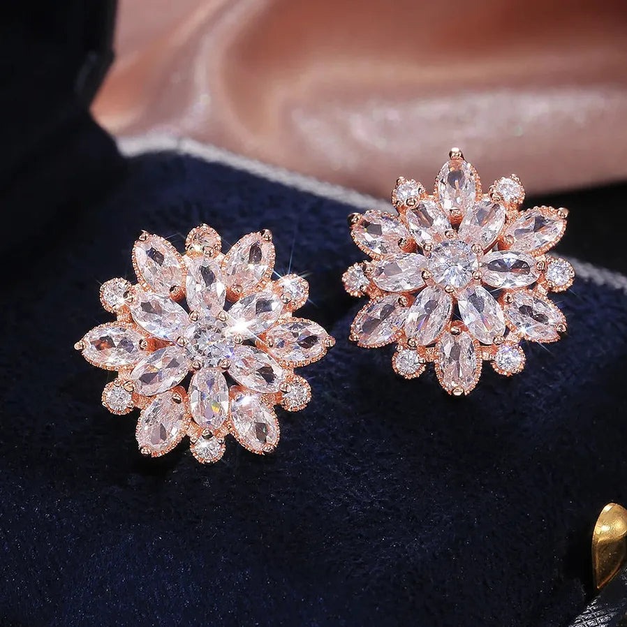 Double Layer Flower Stud Earrings for Women in 7 Colors with Cubic Zirconia