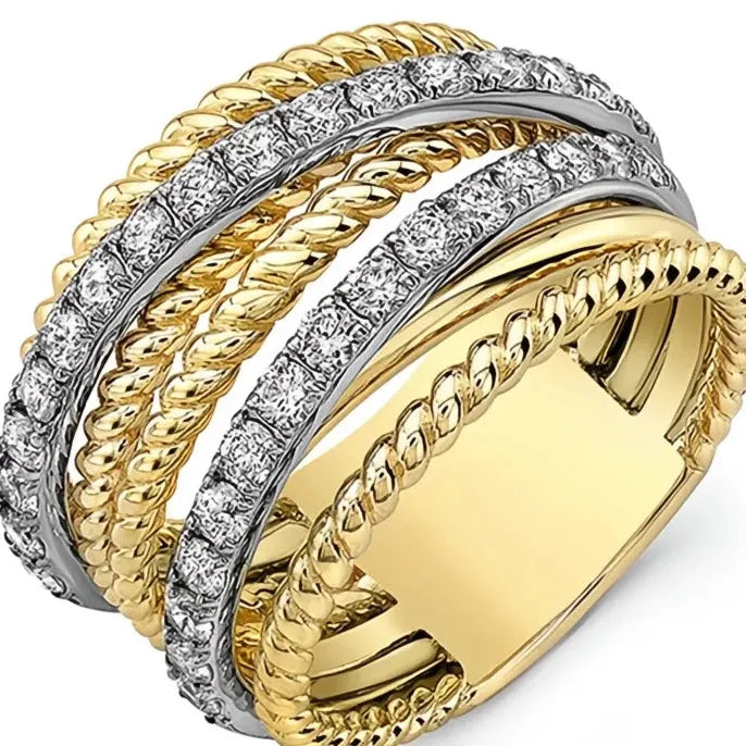 Gold Brass Women’s Twist Cross Ring with Micro Cubic Zirconia Wedding Jewelry