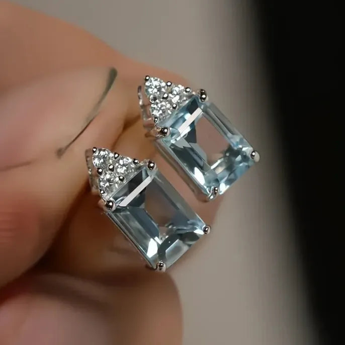 Light Blue Cubic Zirconia Geometric Silver Stud Earrings for Women