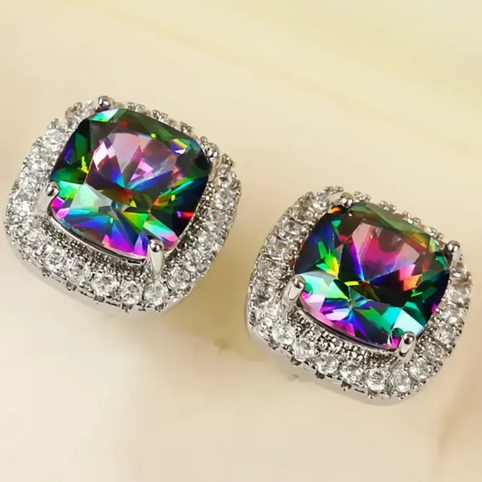 Classic Four Claw Multicolor CZ Geometric Stud Earrings for Women