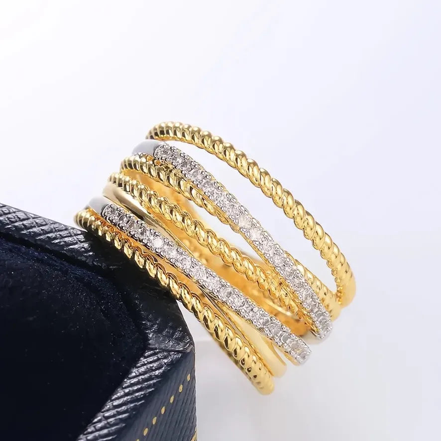Gold Brass Women’s Twist Cross Ring with Micro Cubic Zirconia Wedding Jewelry