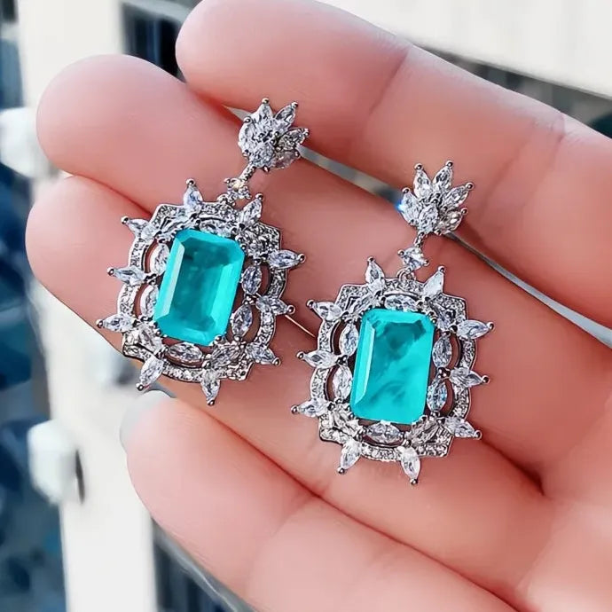Green Geometric Copper Alloy CZ Dangle Earrings Cubic Zirconia Jewelry