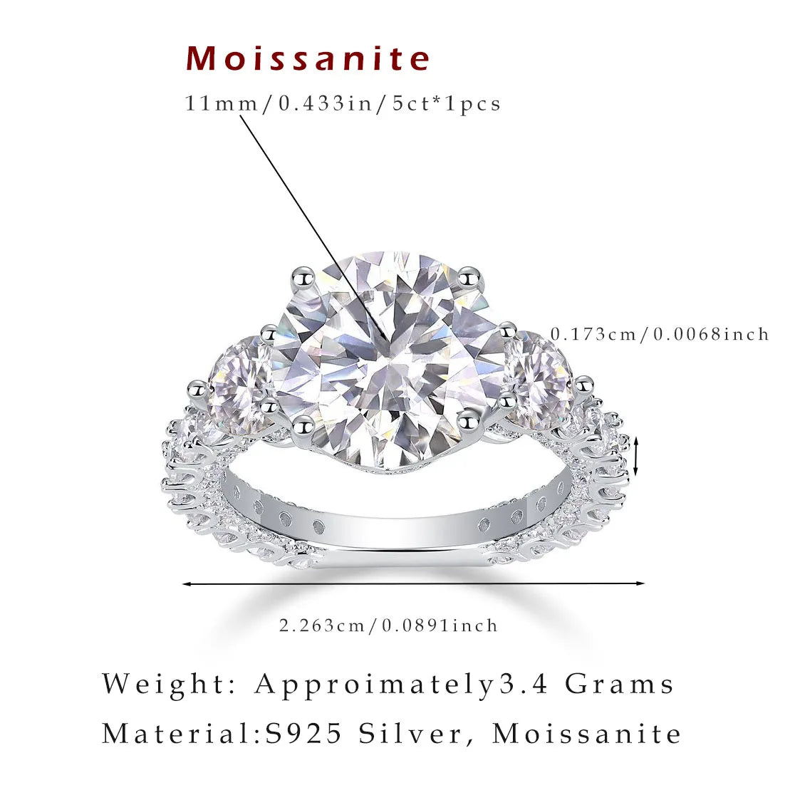 Luxury 5CT Round Cut Moissanite Ring Women S925 Sterling Silver 18K Gold Plated Jewelry