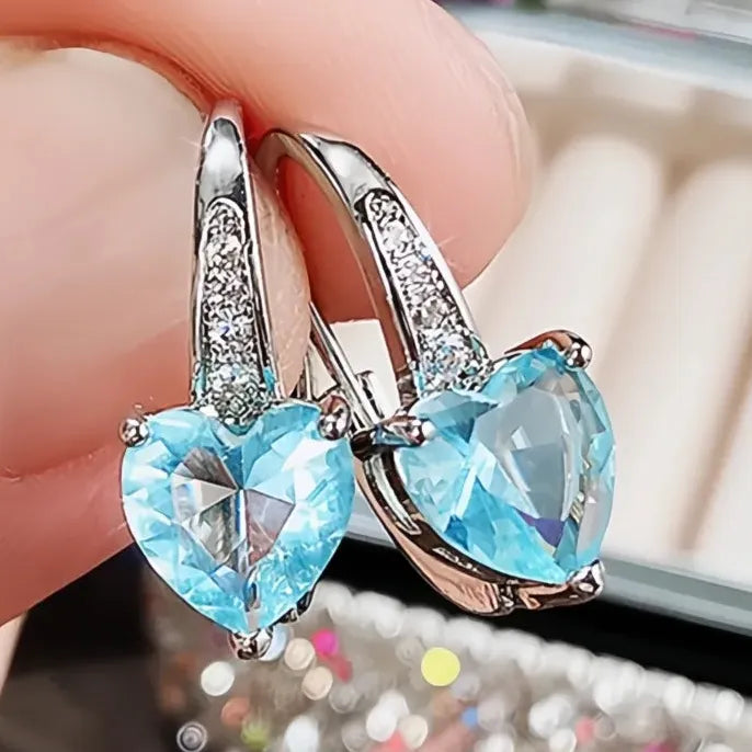 Blue Cubic Zirconia Heart Drop Earrings for Women Simple Elegant Wedding Jewelry Gift